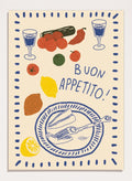 An illustrated print or card with the Italian phrase “BUON APPETITO!” in blue lettering, surrounded by hand-drawn food items including tomatoes, a lemon, an almond, a cucumber, a plate with bread and a fork, and two glasses with blue liquid. Buon Appetito Meal by Lisa Solomoniuk premium framed fine art print featuring a finished meal, wine glasses, fresh ingredients, and playful Italian lettering.