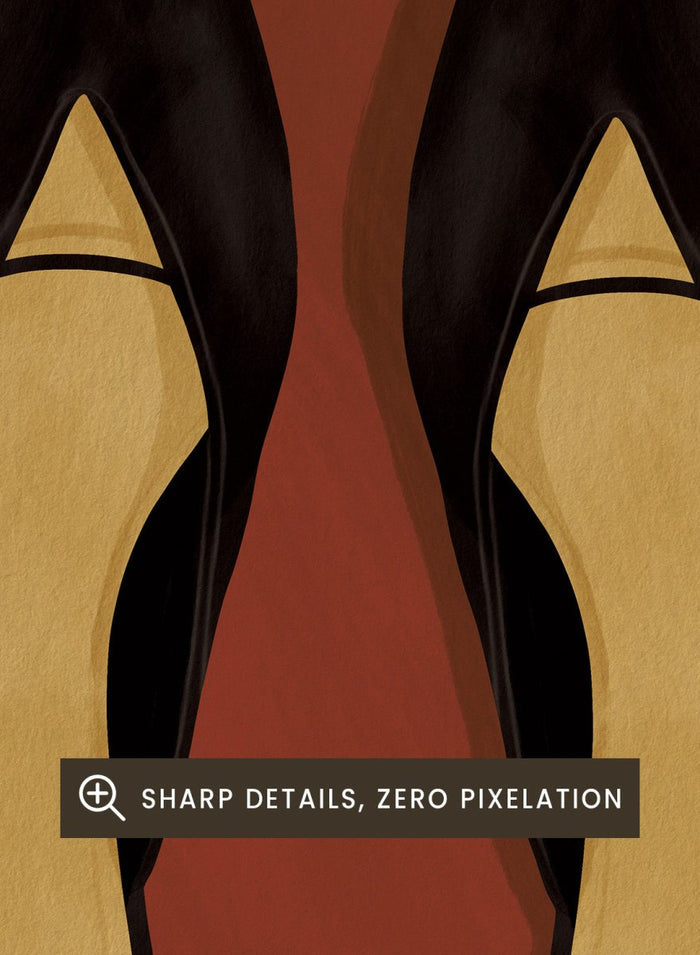A pair of black pointed-toe flat mules with a contrasting beige insole, displayed flat against a solid reddish-brown background. Chic Black Mules by Lisa Solomoniuk premium framed fine art print featuring pointed black shoes with golden insoles against a rich rust red background.