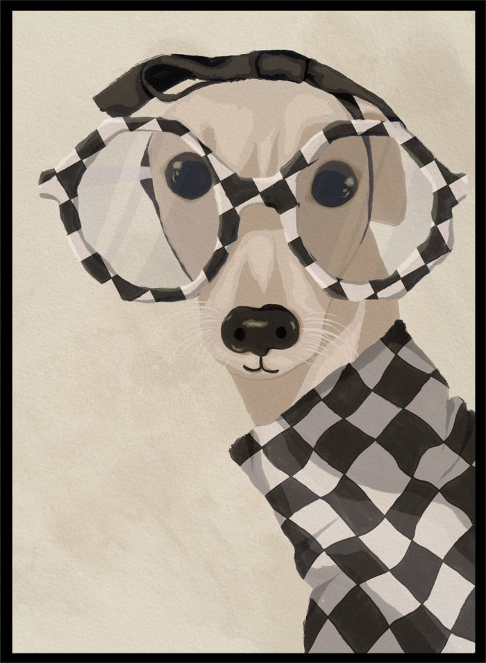 Chic Greyhound in Glasses by Lisa Solomoniuk premium framed fine art print featuring a greyhound in oversized checkered glasses and a matching sweater.