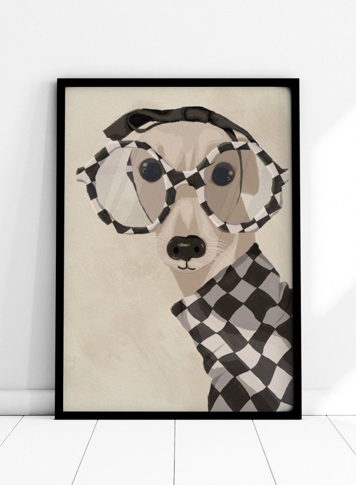 Chic Greyhound in Glasses by Lisa Solomoniuk premium framed fine art print featuring a greyhound in oversized checkered glasses and a matching sweater.