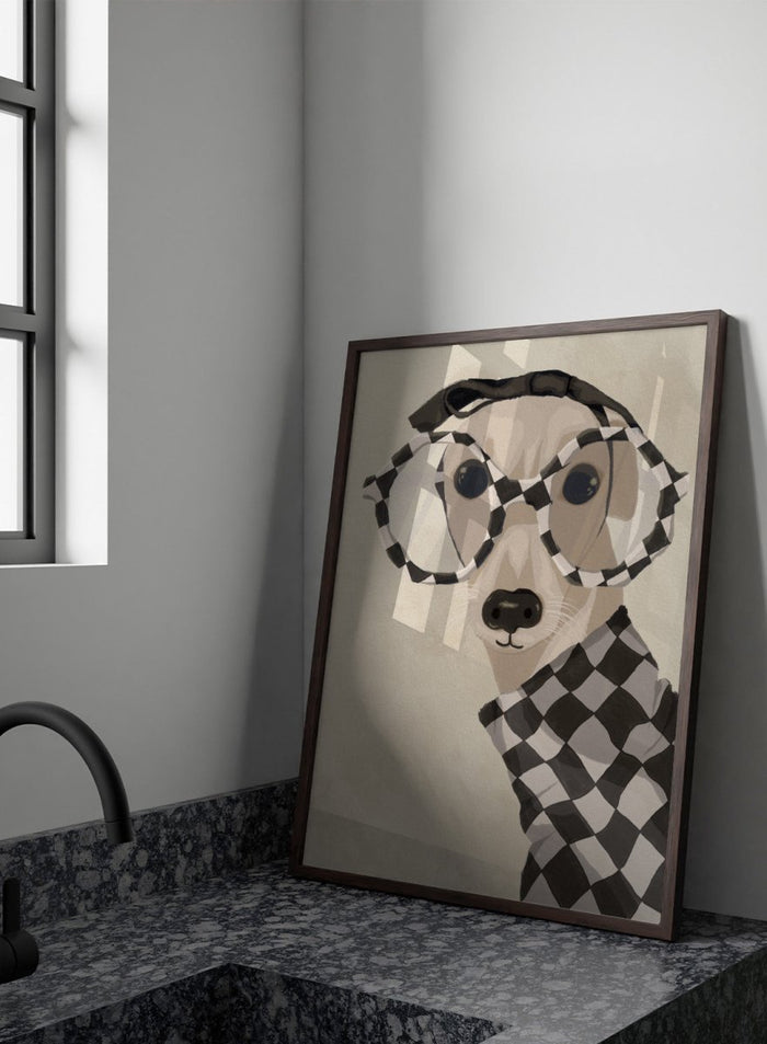 Chic Greyhound in Glasses by Lisa Solomoniuk premium framed fine art print featuring a greyhound in oversized checkered glasses and a matching sweater.