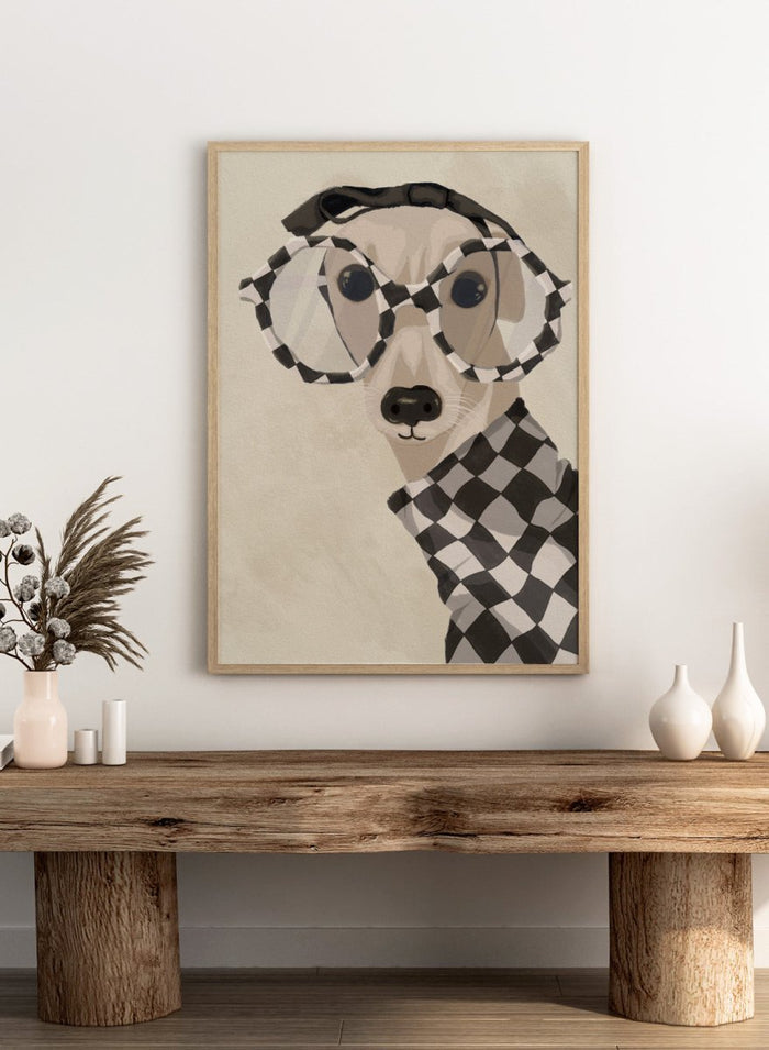 Chic Greyhound in Glasses by Lisa Solomoniuk premium framed fine art print featuring a greyhound in oversized checkered glasses and a matching sweater.