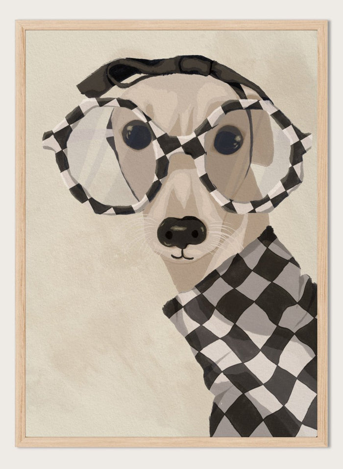 Chic Greyhound in Glasses by Lisa Solomoniuk premium framed fine art print featuring a greyhound in oversized checkered glasses and a matching sweater.