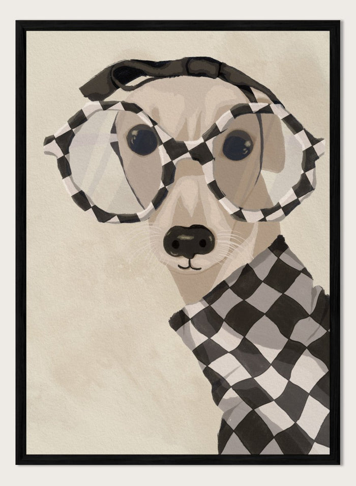 Chic Greyhound in Glasses by Lisa Solomoniuk premium framed fine art print featuring a greyhound in oversized checkered glasses and a matching sweater.