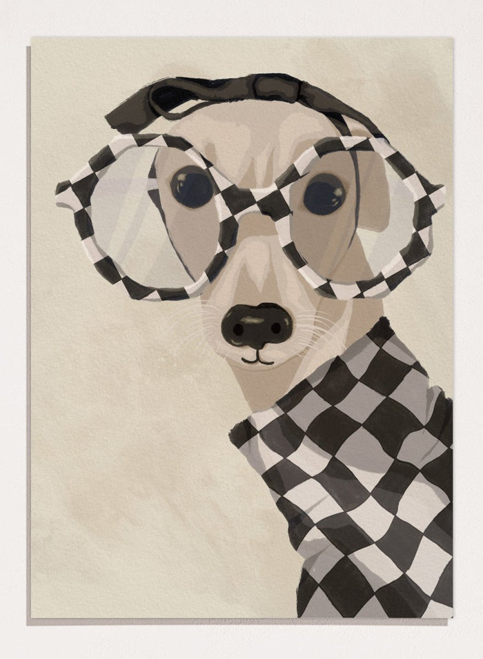 Chic Greyhound in Glasses by Lisa Solomoniuk premium framed fine art print featuring a greyhound in oversized checkered glasses and a matching sweater.