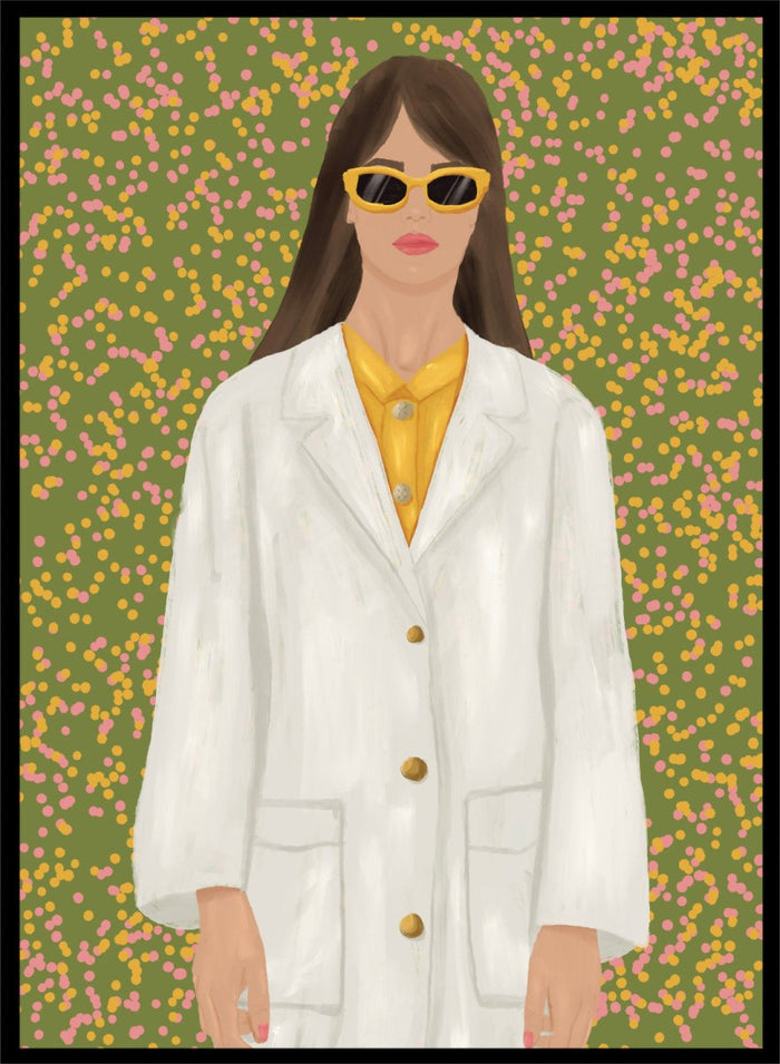 A stylized portrait of a woman wearing a white coat over a yellow top and yellow sunglasses, set against a green background filled with small pink and yellow dots. Chic Woman in Sunglasses by Lisa Solomoniuk premium framed fine art print featuring a woman in an oversized white coat and yellow sunglasses.
