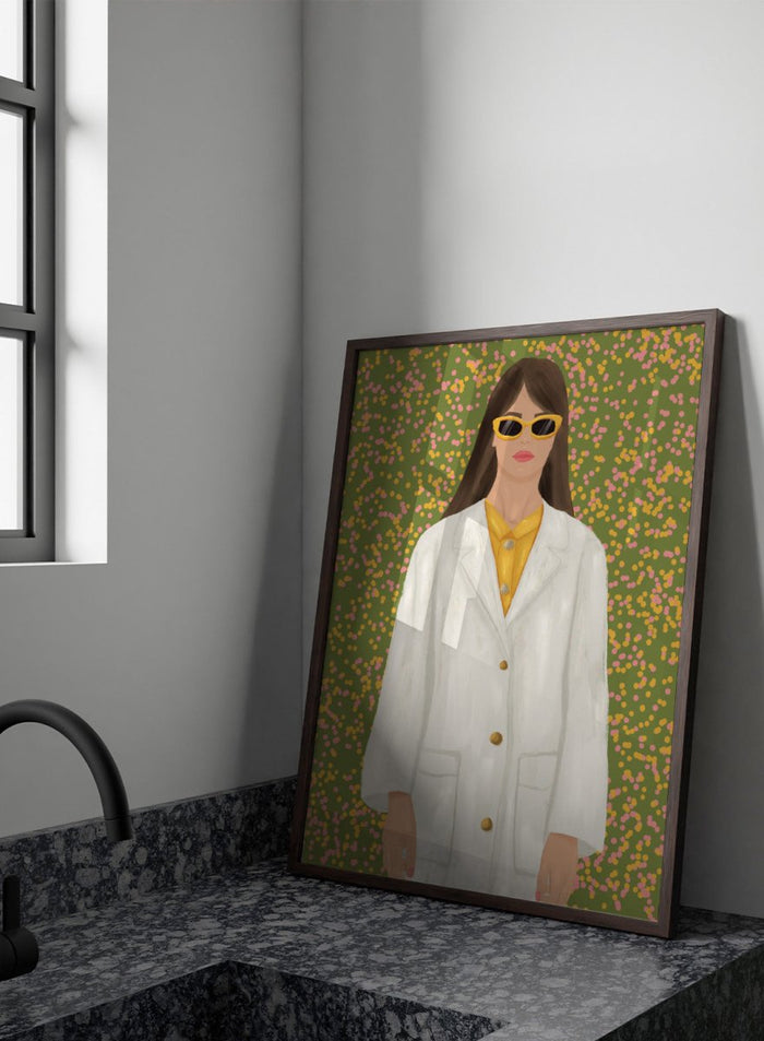 A stylized portrait of a woman wearing a white coat over a yellow top and yellow sunglasses, set against a green background filled with small pink and yellow dots. Chic Woman in Sunglasses by Lisa Solomoniuk premium framed fine art print featuring a woman in an oversized white coat and yellow sunglasses.
