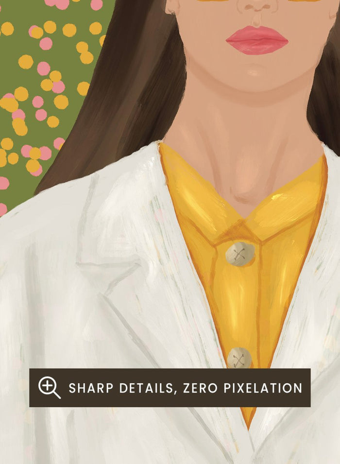 A stylized portrait of a woman wearing a white coat over a yellow top and yellow sunglasses, set against a green background filled with small pink and yellow dots. Chic Woman in Sunglasses by Lisa Solomoniuk premium framed fine art print featuring a woman in an oversized white coat and yellow sunglasses.