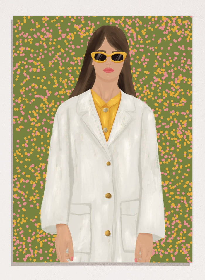 A stylized portrait of a woman wearing a white coat over a yellow top and yellow sunglasses, set against a green background filled with small pink and yellow dots. Chic Woman in Sunglasses by Lisa Solomoniuk premium framed fine art print featuring a woman in an oversized white coat and yellow sunglasses.
