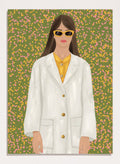 A stylized portrait of a woman wearing a white coat over a yellow top and yellow sunglasses, set against a green background filled with small pink and yellow dots. Chic Woman in Sunglasses by Lisa Solomoniuk premium framed fine art print featuring a woman in an oversized white coat and yellow sunglasses.