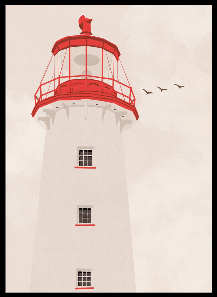 A stylized art print of a lighthouse with a white tower, a red lantern room, and a red lightning rod, set against a warm beige sky with three flying birds.  Coastal Red Lighthouse by Lisa Solomoniuk premium framed fine art print featuring a white lighthouse with bright red details beneath a pale coastal sky.