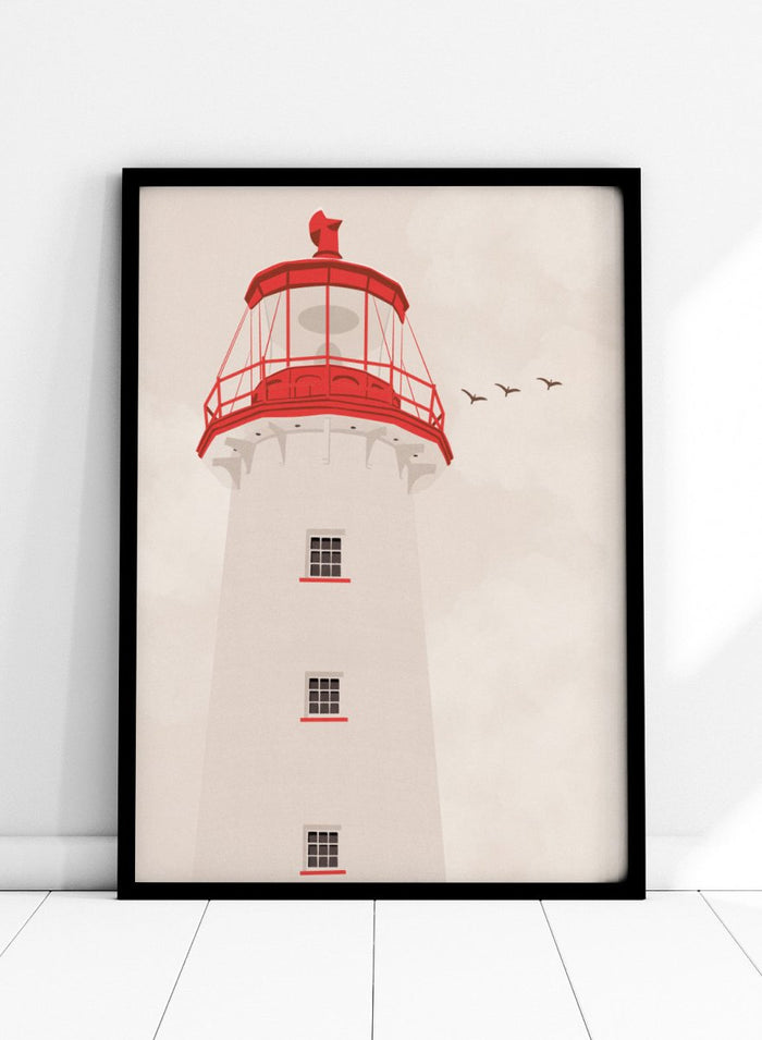 A stylized art print of a lighthouse with a white tower, a red lantern room, and a red lightning rod, set against a warm beige sky with three flying birds.  Coastal Red Lighthouse by Lisa Solomoniuk premium framed fine art print featuring a white lighthouse with bright red details beneath a pale coastal sky.