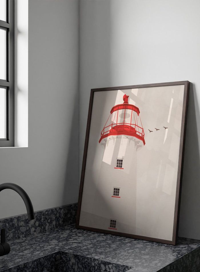 A stylized art print of a lighthouse with a white tower, a red lantern room, and a red lightning rod, set against a warm beige sky with three flying birds.  Coastal Red Lighthouse by Lisa Solomoniuk premium framed fine art print featuring a white lighthouse with bright red details beneath a pale coastal sky.