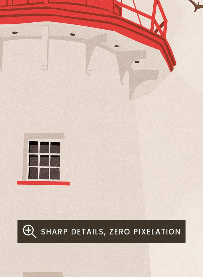 A stylized art print of a lighthouse with a white tower, a red lantern room, and a red lightning rod, set against a warm beige sky with three flying birds.  Coastal Red Lighthouse by Lisa Solomoniuk premium framed fine art print featuring a white lighthouse with bright red details beneath a pale coastal sky.