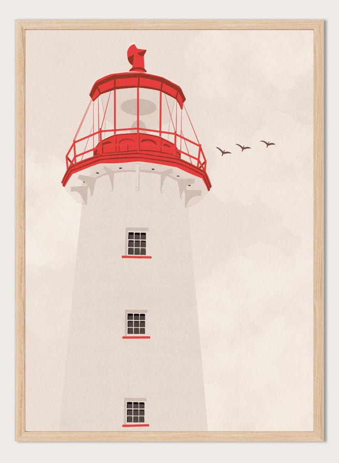 A stylized art print of a lighthouse with a white tower, a red lantern room, and a red lightning rod, set against a warm beige sky with three flying birds.  Coastal Red Lighthouse by Lisa Solomoniuk premium framed fine art print featuring a white lighthouse with bright red details beneath a pale coastal sky.