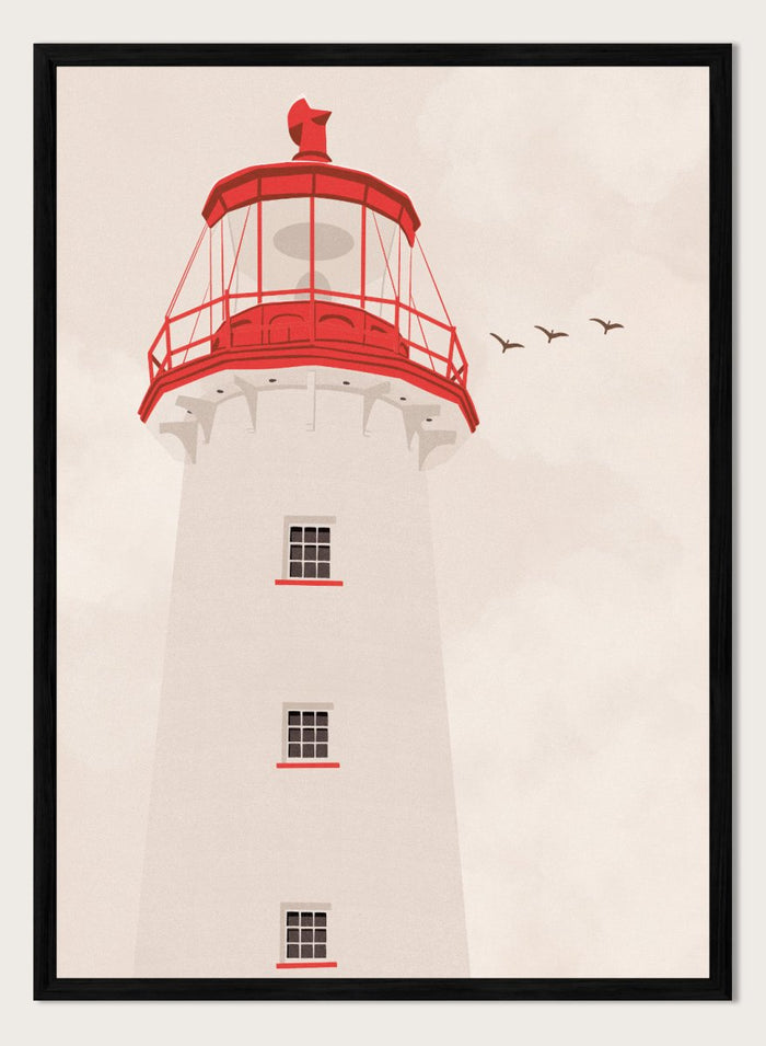 A stylized art print of a lighthouse with a white tower, a red lantern room, and a red lightning rod, set against a warm beige sky with three flying birds.  Coastal Red Lighthouse by Lisa Solomoniuk premium framed fine art print featuring a white lighthouse with bright red details beneath a pale coastal sky.
