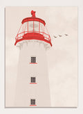 A stylized art print of a lighthouse with a white tower, a red lantern room, and a red lightning rod, set against a warm beige sky with three flying birds.  Coastal Red Lighthouse by Lisa Solomoniuk premium framed fine art print featuring a white lighthouse with bright red details beneath a pale coastal sky.