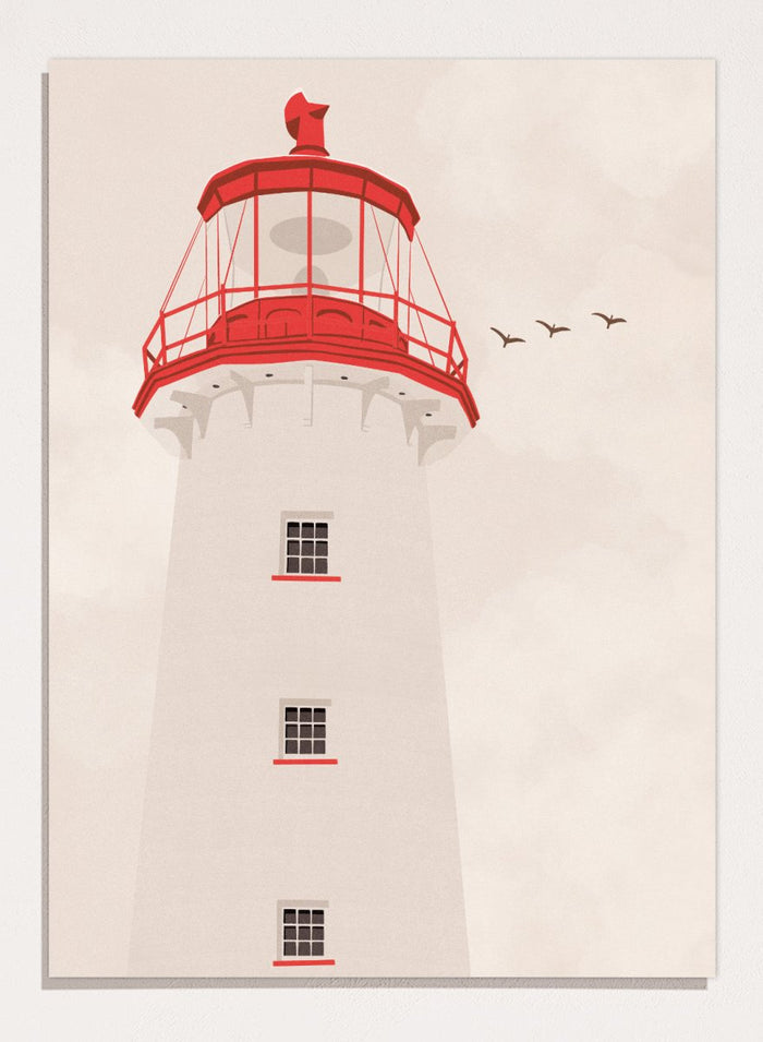 A stylized art print of a lighthouse with a white tower, a red lantern room, and a red lightning rod, set against a warm beige sky with three flying birds.  Coastal Red Lighthouse by Lisa Solomoniuk premium framed fine art print featuring a white lighthouse with bright red details beneath a pale coastal sky.