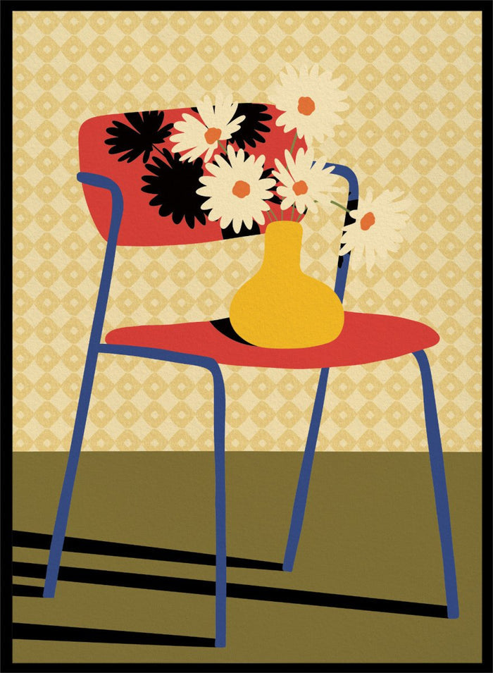 A stylized art print depicting a blue chair with a red seat and backrest, holding a yellow vase filled with white daisies, set against a patterned beige wallpaper and olive green floor. Colorful Chair Still Life by Lisa Solomoniuk premium framed fine art print featuring a red chair, yellow vase, white flowers, and bold graphic color.