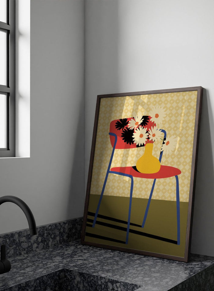 A stylized art print depicting a blue chair with a red seat and backrest, holding a yellow vase filled with white daisies, set against a patterned beige wallpaper and olive green floor. Colorful Chair Still Life by Lisa Solomoniuk premium framed fine art print featuring a red chair, yellow vase, white flowers, and bold graphic color.