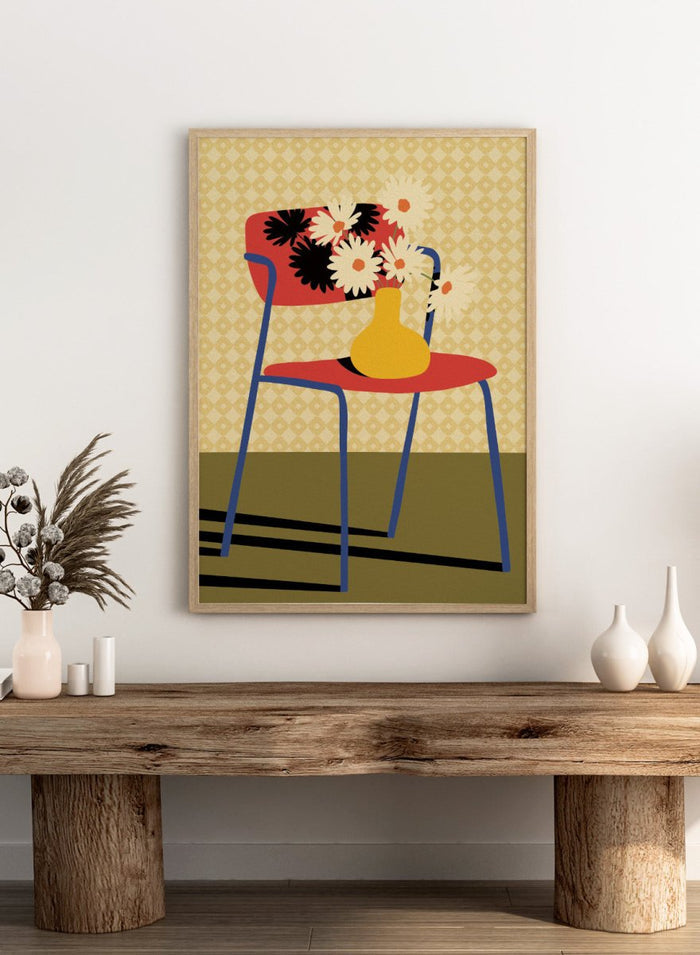 A stylized art print depicting a blue chair with a red seat and backrest, holding a yellow vase filled with white daisies, set against a patterned beige wallpaper and olive green floor. Colorful Chair Still Life by Lisa Solomoniuk premium framed fine art print featuring a red chair, yellow vase, white flowers, and bold graphic color.