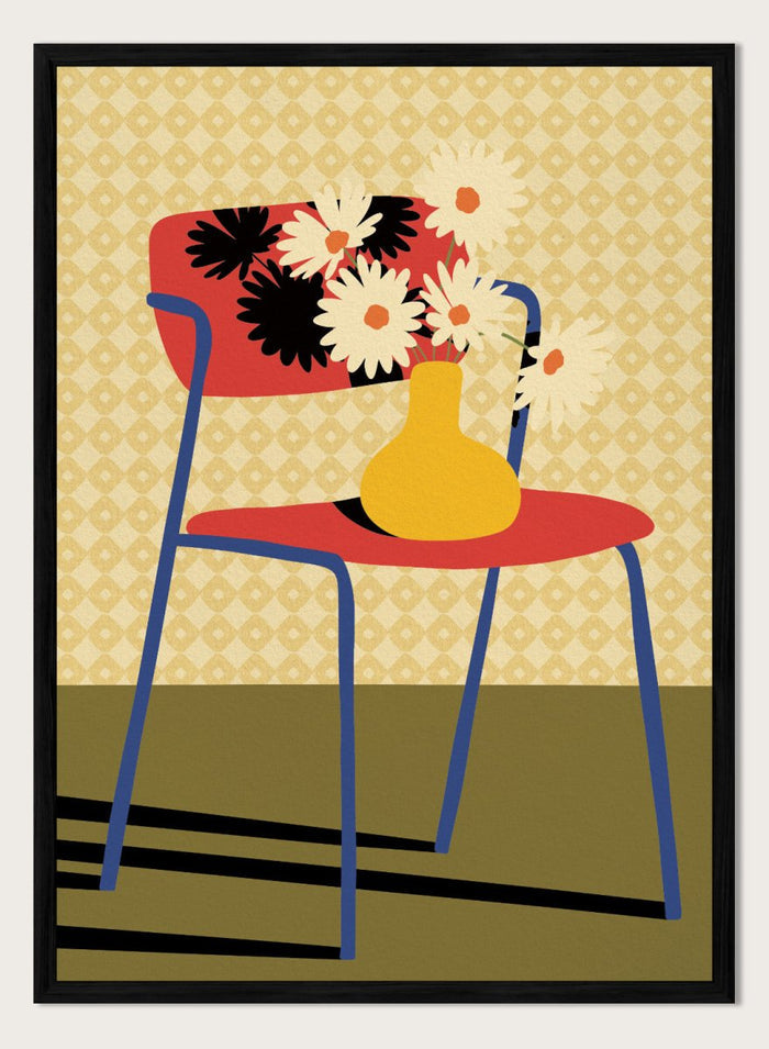 A stylized art print depicting a blue chair with a red seat and backrest, holding a yellow vase filled with white daisies, set against a patterned beige wallpaper and olive green floor. Colorful Chair Still Life by Lisa Solomoniuk premium framed fine art print featuring a red chair, yellow vase, white flowers, and bold graphic color.