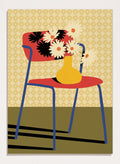 A stylized art print depicting a blue chair with a red seat and backrest, holding a yellow vase filled with white daisies, set against a patterned beige wallpaper and olive green floor. Colorful Chair Still Life by Lisa Solomoniuk premium framed fine art print featuring a red chair, yellow vase, white flowers, and bold graphic color.