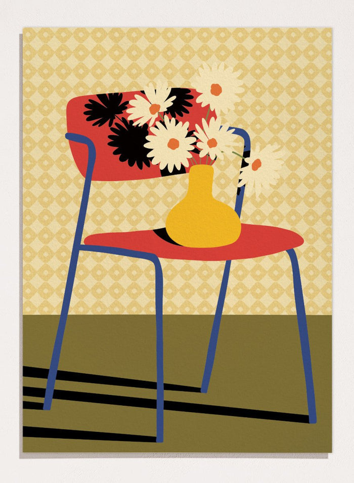 A stylized art print depicting a blue chair with a red seat and backrest, holding a yellow vase filled with white daisies, set against a patterned beige wallpaper and olive green floor. Colorful Chair Still Life by Lisa Solomoniuk premium framed fine art print featuring a red chair, yellow vase, white flowers, and bold graphic color.