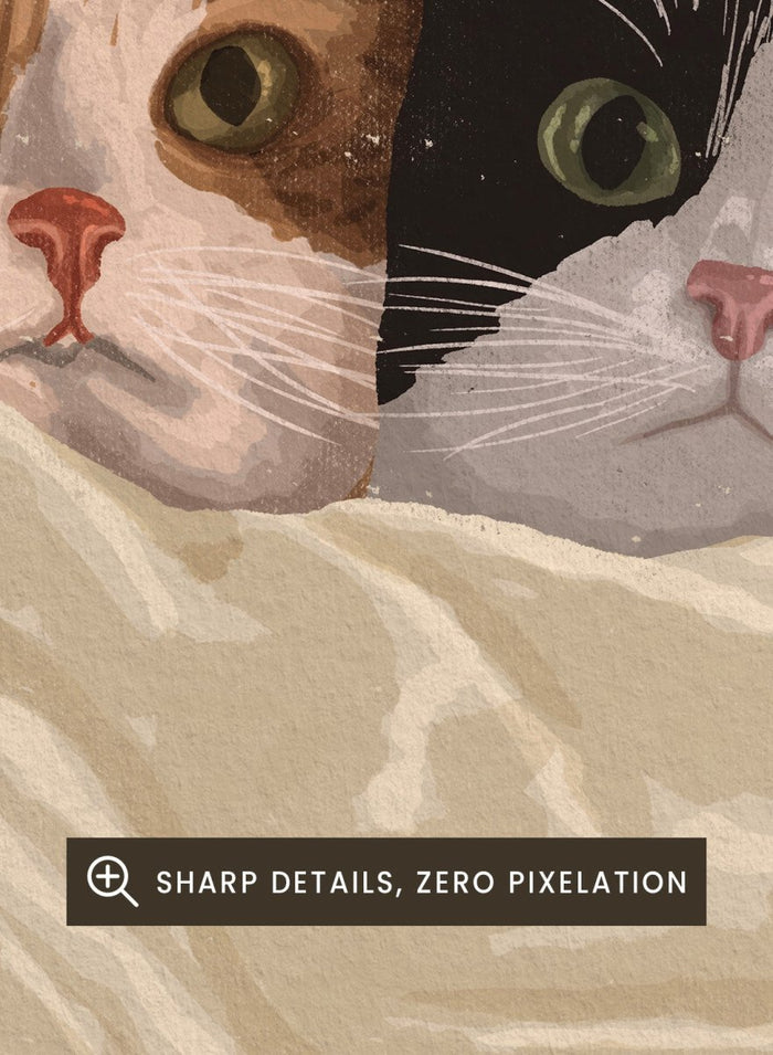 A stylized illustration of two cats peeking out from under a rumpled cream-colored blanket. The cat on the left is orange and white, and the cat on the right is black and white.  Cozy Cats Peeking Out by Lisa Solomoniuk premium framed fine art print featuring two cats tucked into soft cream bedding with wide-eyed expressions.
