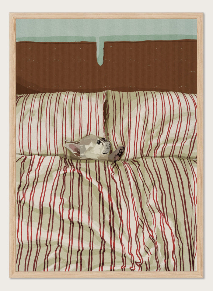 A cozy bed setup with beige and red striped bedding, two matching pillows, and a small gray cat curled up on the duvet. The background features a brown textured headboard and a mint green wall at the top. Shop Cozy Dog in Bed by Lisa Solomoniuk, a playful dog animal art print featuring a pup tucked into striped bedding with a warm, cozy bedroom feel.