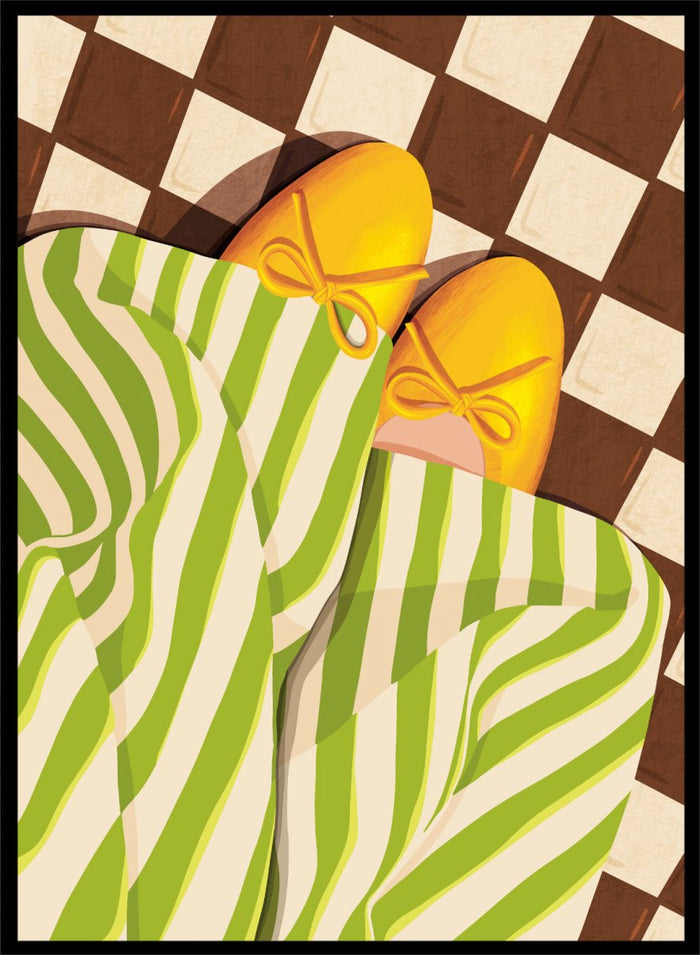 A stylized illustration of a person wearing green and white striped pajama pants and yellow slip-on shoes with bow details, lying on a brown and cream checkered floor. Cozy Striped Feet by Lisa Solomoniuk premium framed fine art print featuring yellow slippers, green striped trousers, and a bold checkered floor.