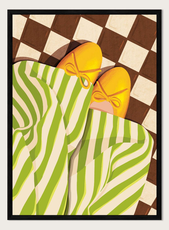 A stylized illustration of a person wearing green and white striped pajama pants and yellow slip-on shoes with bow details, lying on a brown and cream checkered floor. Cozy Striped Feet by Lisa Solomoniuk premium framed fine art print featuring yellow slippers, green striped trousers, and a bold checkered floor.
