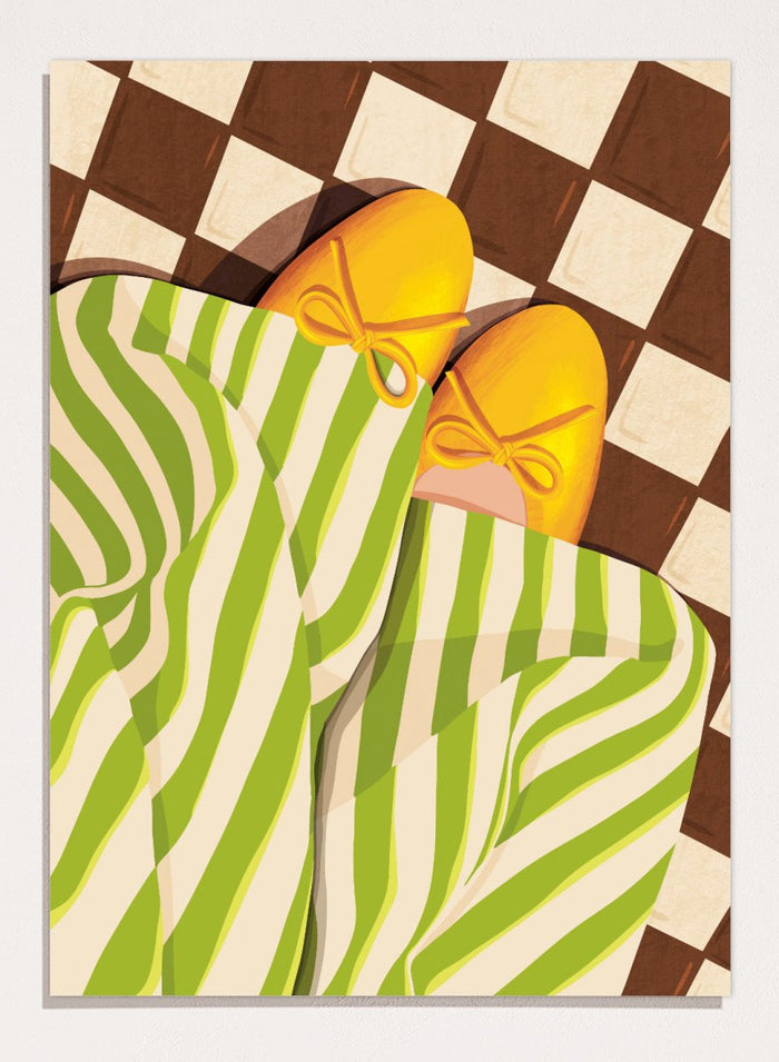 A stylized illustration of a person wearing green and white striped pajama pants and yellow slip-on shoes with bow details, lying on a brown and cream checkered floor. Cozy Striped Feet by Lisa Solomoniuk premium framed fine art print featuring yellow slippers, green striped trousers, and a bold checkered floor.