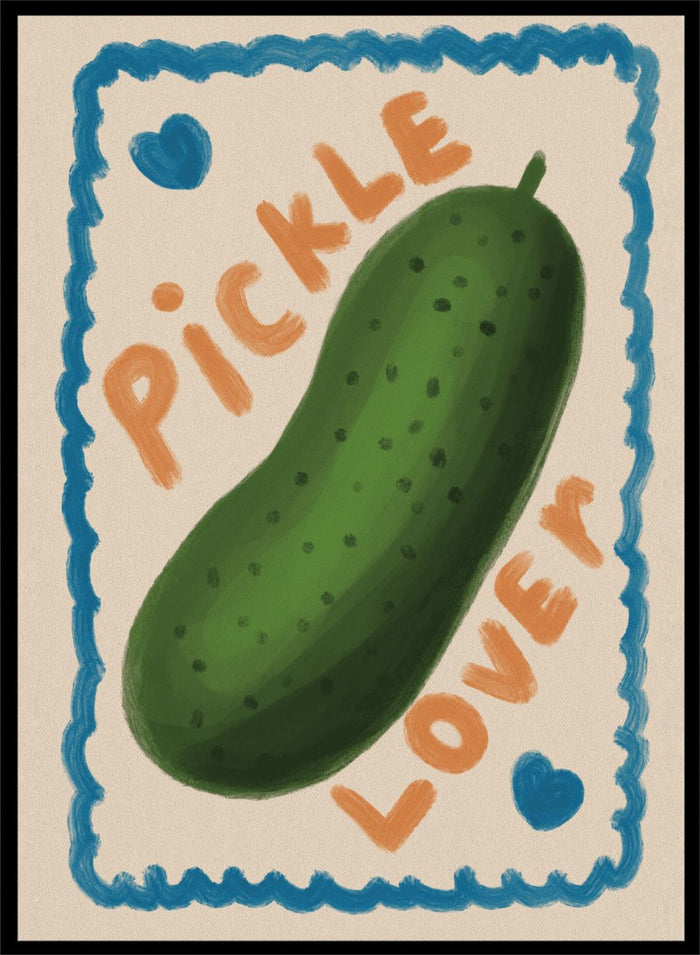 An art print featuring a hand-drawn green pickle centered on a cream background, surrounded by a blue scalloped border. The words 'PICKLE' and 'LOVER' appear in orange lettering, with two small blue hearts near the corners. Cute Pickle Lover by Lisa Solomoniuk premium framed fine art print featuring a giant green pickle, playful lettering, blue hearts, and a hand-painted border.