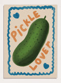 An art print featuring a hand-drawn green pickle centered on a cream background, surrounded by a blue scalloped border. The words 'PICKLE' and 'LOVER' appear in orange lettering, with two small blue hearts near the corners. Cute Pickle Lover by Lisa Solomoniuk premium framed fine art print featuring a giant green pickle, playful lettering, blue hearts, and a hand-painted border.