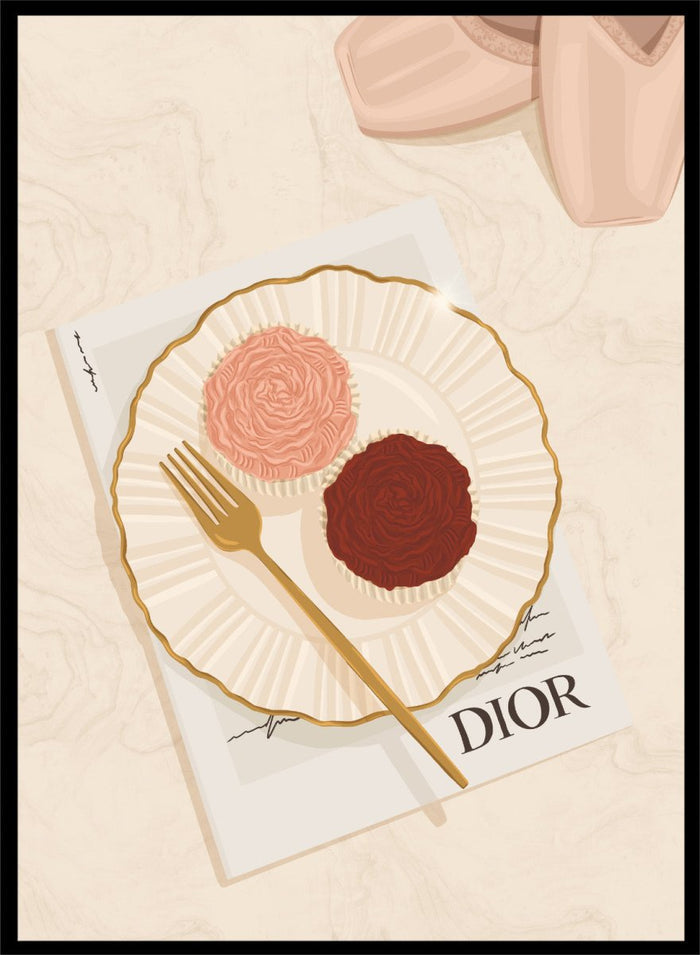 A stylized flat-lay illustration featuring a white plate with a gold rim holding two rose-shaped pastries, one light pink and one dark chocolate brown, with a gold fork on top. Elegant Cupcakes Ballet Shoes by Lisa Solomoniuk premium framed fine art print featuring pink ballet shoes, frosted cupcakes, and gold details.