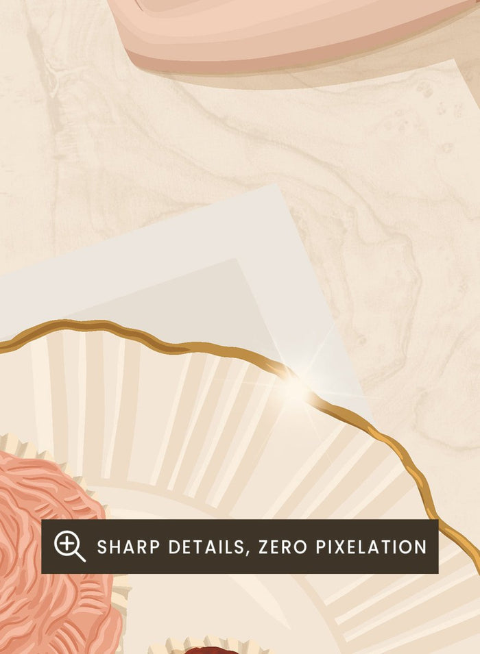 A stylized flat-lay illustration featuring a white plate with a gold rim holding two rose-shaped pastries, one light pink and one dark chocolate brown, with a gold fork on top. Elegant Cupcakes Ballet Shoes by Lisa Solomoniuk premium framed fine art print featuring pink ballet shoes, frosted cupcakes, and gold details.