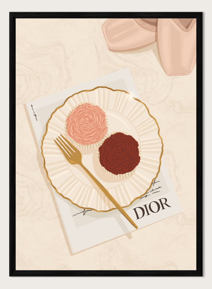 A stylized flat-lay illustration featuring a white plate with a gold rim holding two rose-shaped pastries, one light pink and one dark chocolate brown, with a gold fork on top. Elegant Cupcakes Ballet Shoes by Lisa Solomoniuk premium framed fine art print featuring pink ballet shoes, frosted cupcakes, and gold details.