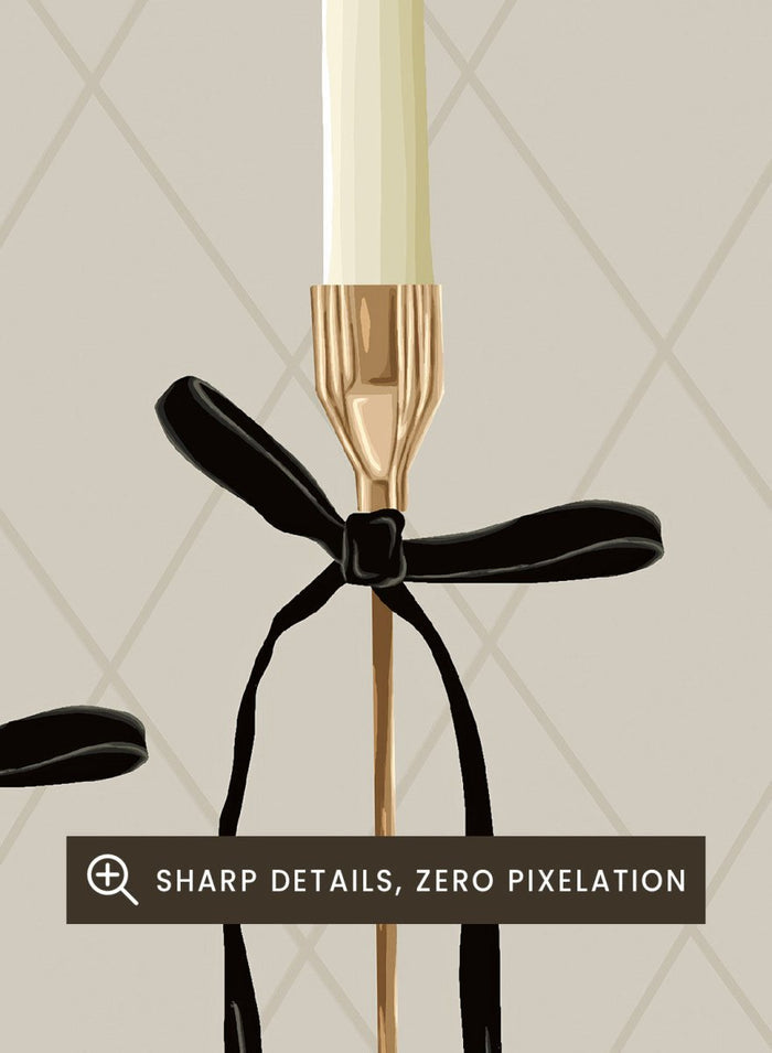 Three gold taper candle holders with cream candles and black ribbon bows, arranged on a light gray surface against a beige diamond-patterned background. Elegant Gold Taper Candles by Lisa Solomoniuk premium framed fine art print featuring gold candlesticks, cream tapers, and long black ribbons.