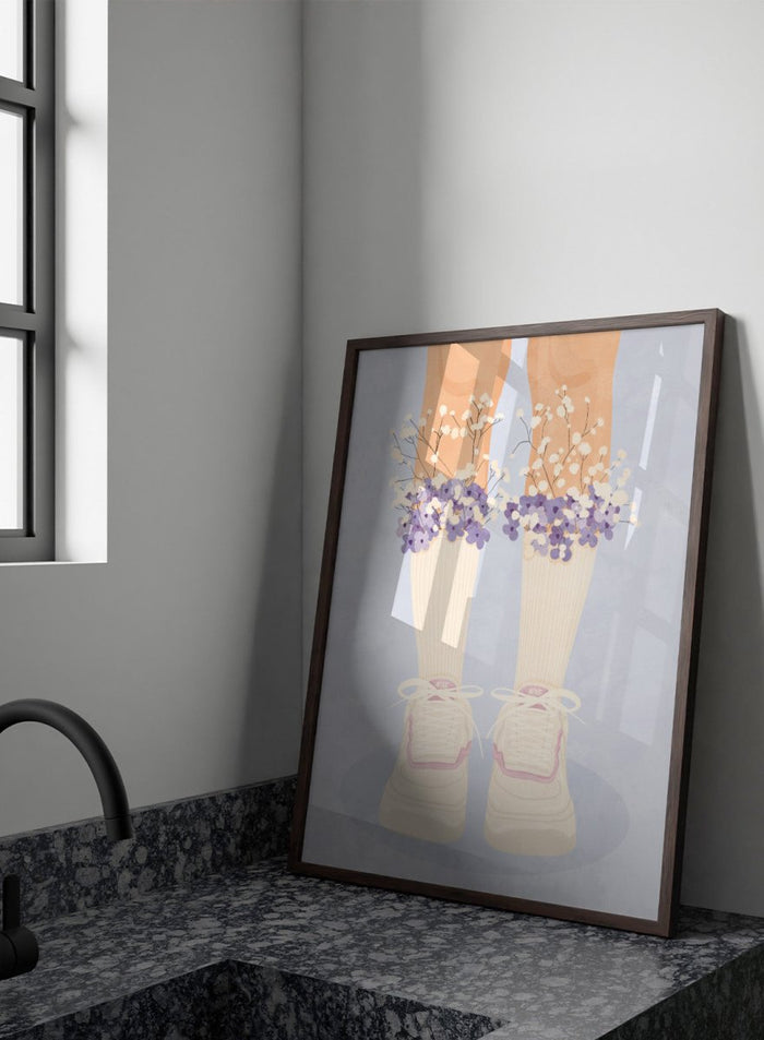 A stylized illustration of a person's legs wearing cream ribbed socks, white sneakers with pink trim, and bunches of small white and purple flowers at the top of the socks, set against a pale blue background. Floral Socks and Sneakers by Lisa Solomoniuk premium framed fine art print featuring cream sneakers with purple and white flowers.