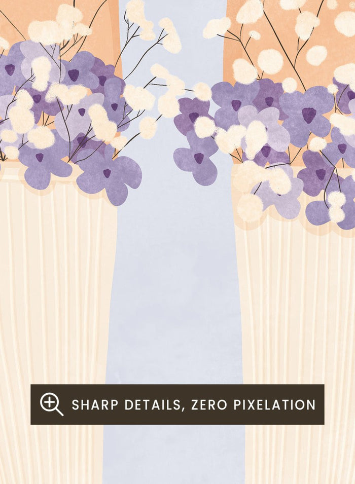 A stylized illustration of a person's legs wearing cream ribbed socks, white sneakers with pink trim, and bunches of small white and purple flowers at the top of the socks, set against a pale blue background. Floral Socks and Sneakers by Lisa Solomoniuk premium framed fine art print featuring cream sneakers with purple and white flowers.