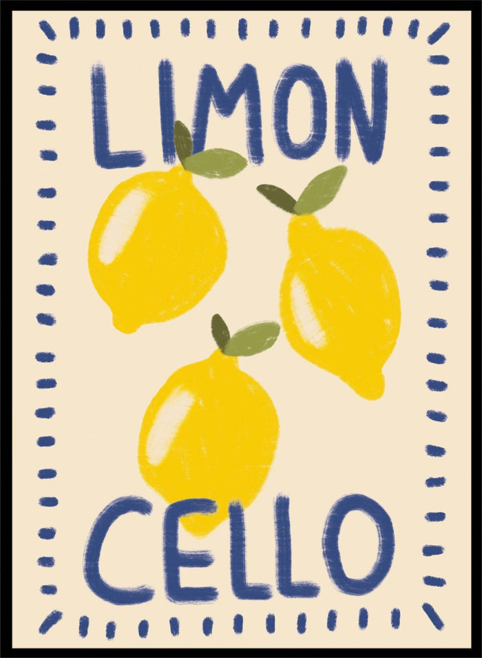 An art print featuring three yellow lemons with green leaves on a cream background, framed by a blue dotted border. The words 'LIMON' at the top and 'CELLO' at the bottom are written in a bold blue hand-drawn font. Fresh Limoncello Lemons by Lisa Solomoniuk premium framed fine art print featuring bright yellow lemons, blue lettering, and a playful hand-painted border.