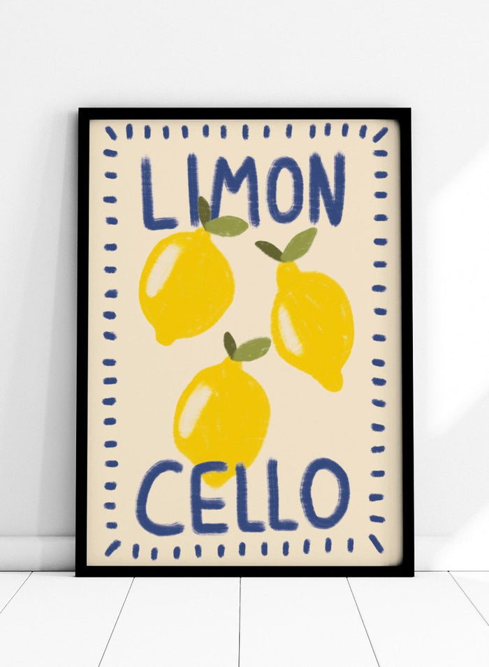 An art print featuring three yellow lemons with green leaves on a cream background, framed by a blue dotted border. The words 'LIMON' at the top and 'CELLO' at the bottom are written in a bold blue hand-drawn font. Fresh Limoncello Lemons by Lisa Solomoniuk premium framed fine art print featuring bright yellow lemons, blue lettering, and a playful hand-painted border.