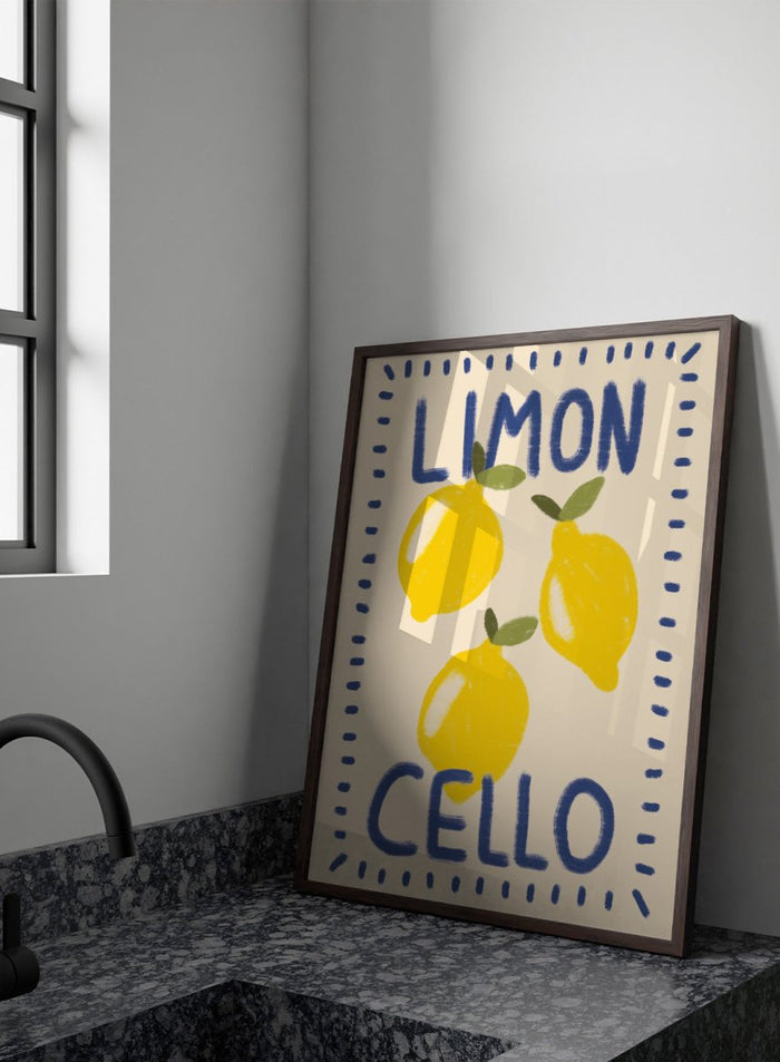 An art print featuring three yellow lemons with green leaves on a cream background, framed by a blue dotted border. The words 'LIMON' at the top and 'CELLO' at the bottom are written in a bold blue hand-drawn font. Fresh Limoncello Lemons by Lisa Solomoniuk premium framed fine art print featuring bright yellow lemons, blue lettering, and a playful hand-painted border.