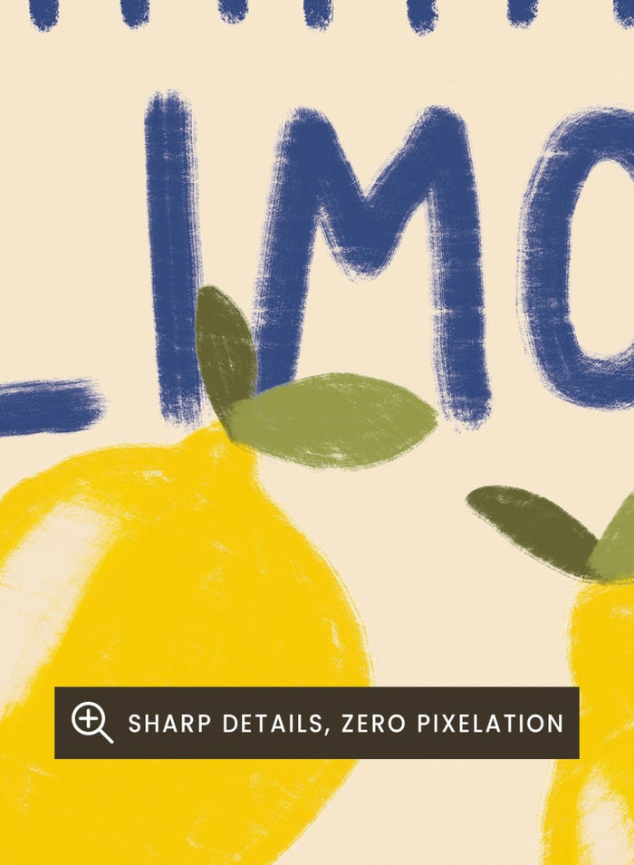 An art print featuring three yellow lemons with green leaves on a cream background, framed by a blue dotted border. The words 'LIMON' at the top and 'CELLO' at the bottom are written in a bold blue hand-drawn font. Fresh Limoncello Lemons by Lisa Solomoniuk premium framed fine art print featuring bright yellow lemons, blue lettering, and a playful hand-painted border.