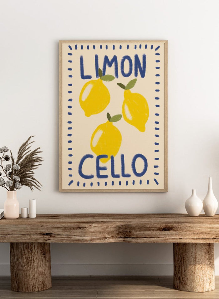An art print featuring three yellow lemons with green leaves on a cream background, framed by a blue dotted border. The words 'LIMON' at the top and 'CELLO' at the bottom are written in a bold blue hand-drawn font. Fresh Limoncello Lemons by Lisa Solomoniuk premium framed fine art print featuring bright yellow lemons, blue lettering, and a playful hand-painted border.