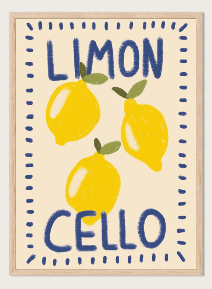 An art print featuring three yellow lemons with green leaves on a cream background, framed by a blue dotted border. The words 'LIMON' at the top and 'CELLO' at the bottom are written in a bold blue hand-drawn font. Fresh Limoncello Lemons by Lisa Solomoniuk premium framed fine art print featuring bright yellow lemons, blue lettering, and a playful hand-painted border.