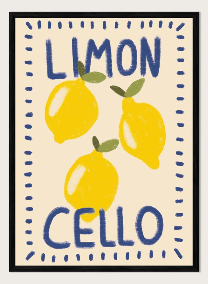 An art print featuring three yellow lemons with green leaves on a cream background, framed by a blue dotted border. The words 'LIMON' at the top and 'CELLO' at the bottom are written in a bold blue hand-drawn font. Fresh Limoncello Lemons by Lisa Solomoniuk premium framed fine art print featuring bright yellow lemons, blue lettering, and a playful hand-painted border.
