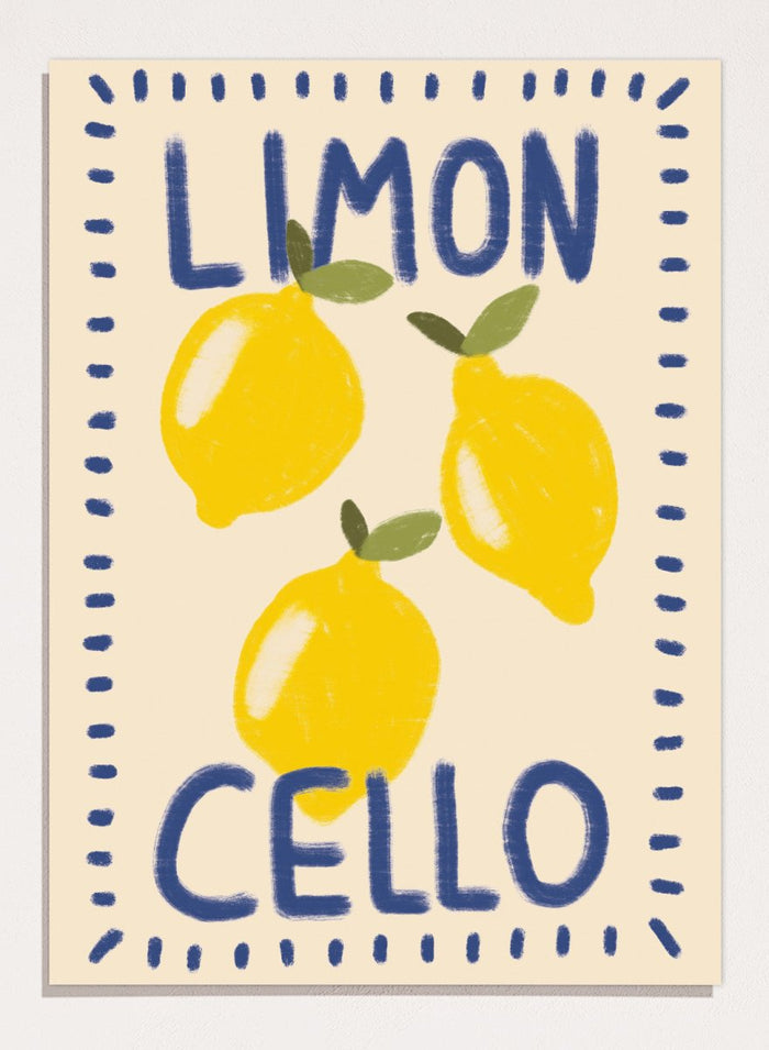 An art print featuring three yellow lemons with green leaves on a cream background, framed by a blue dotted border. The words 'LIMON' at the top and 'CELLO' at the bottom are written in a bold blue hand-drawn font. Fresh Limoncello Lemons by Lisa Solomoniuk premium framed fine art print featuring bright yellow lemons, blue lettering, and a playful hand-painted border.