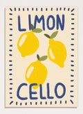 An art print featuring three yellow lemons with green leaves on a cream background, framed by a blue dotted border. The words 'LIMON' at the top and 'CELLO' at the bottom are written in a bold blue hand-drawn font. Fresh Limoncello Lemons by Lisa Solomoniuk premium framed fine art print featuring bright yellow lemons, blue lettering, and a playful hand-painted border.